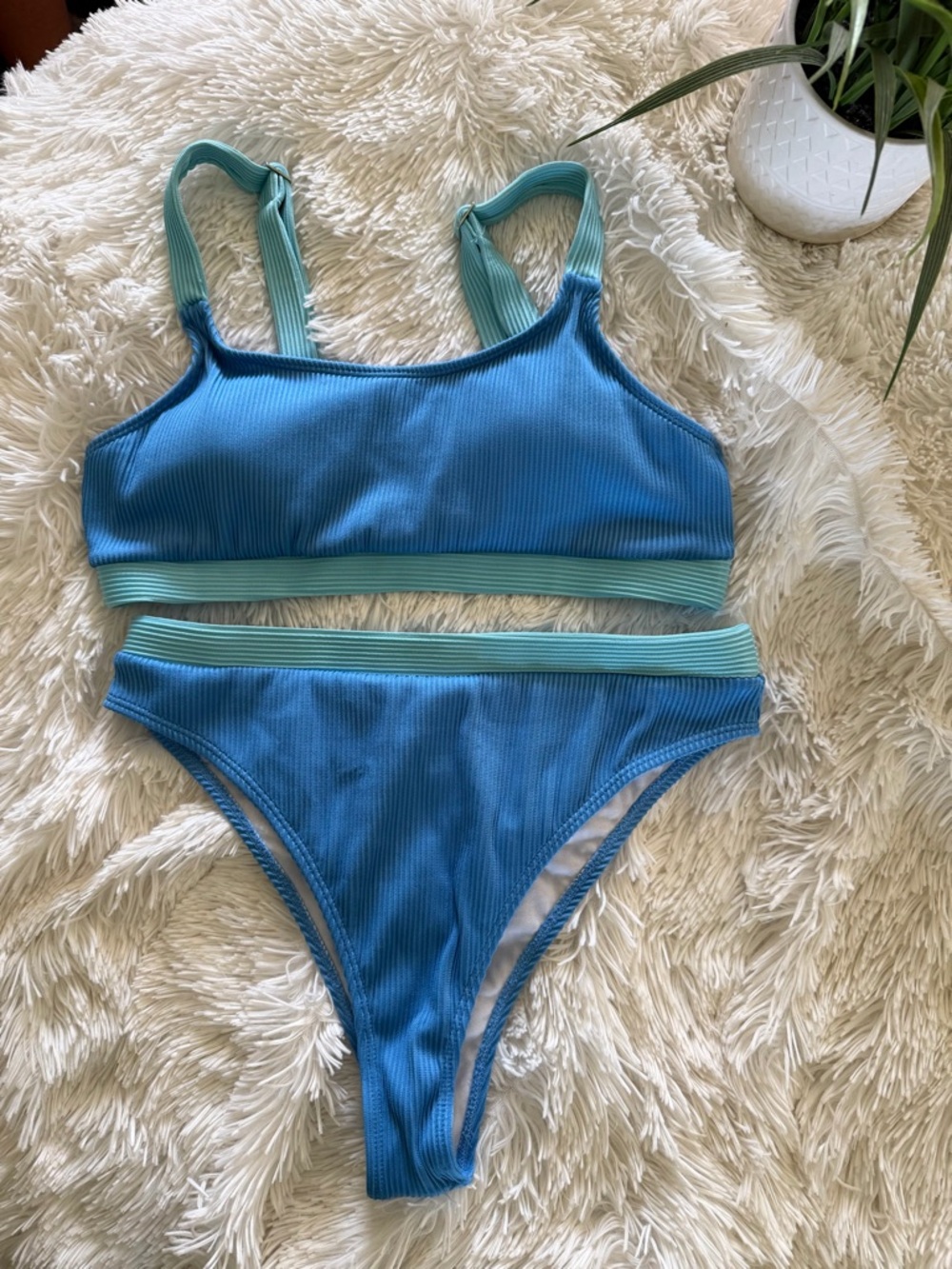 SHEIN Blue and Mint Ribbed Two-Piece Bikini